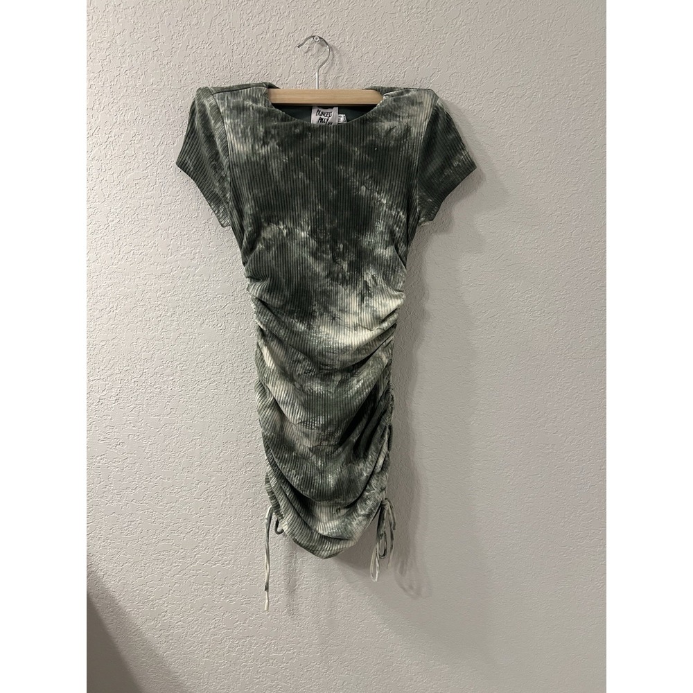 Princess Polly Keana Ruched Tie Dye Mini Dress Sz 4 Khaki Stretch Drawstring